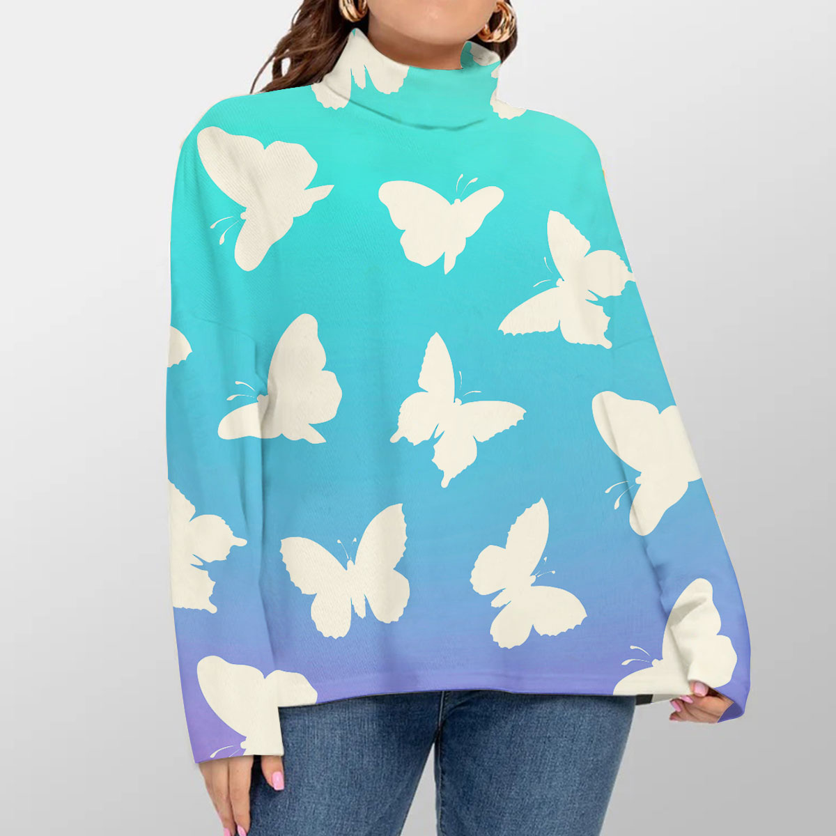 Rainbow Butterflies Turtleneck Sweater
