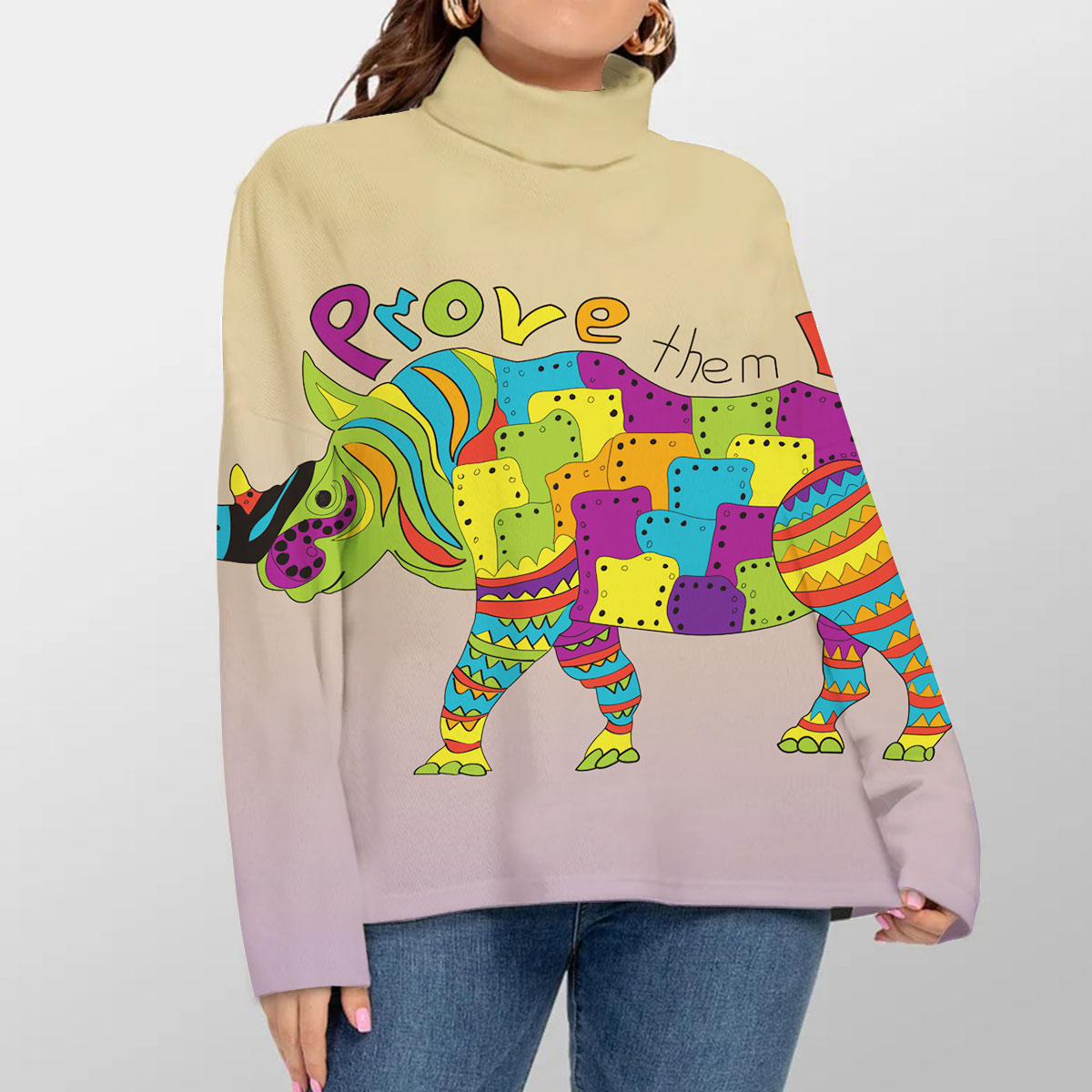 Rainbow Rhino Turtleneck Sweater