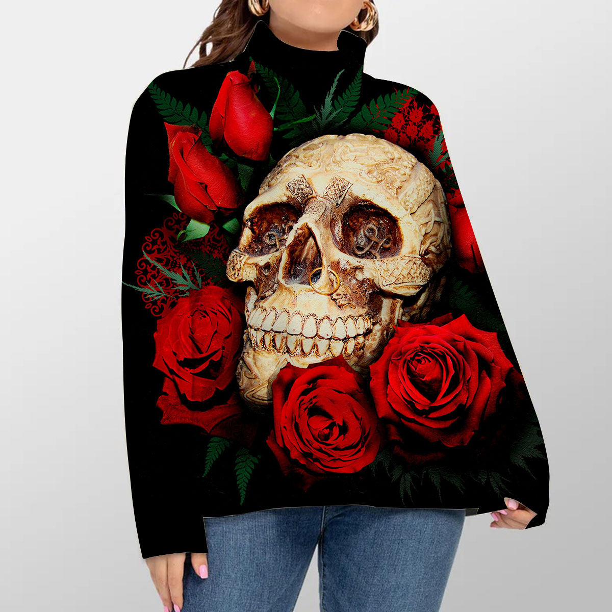 Red Flower Skull Turtleneck Sweater