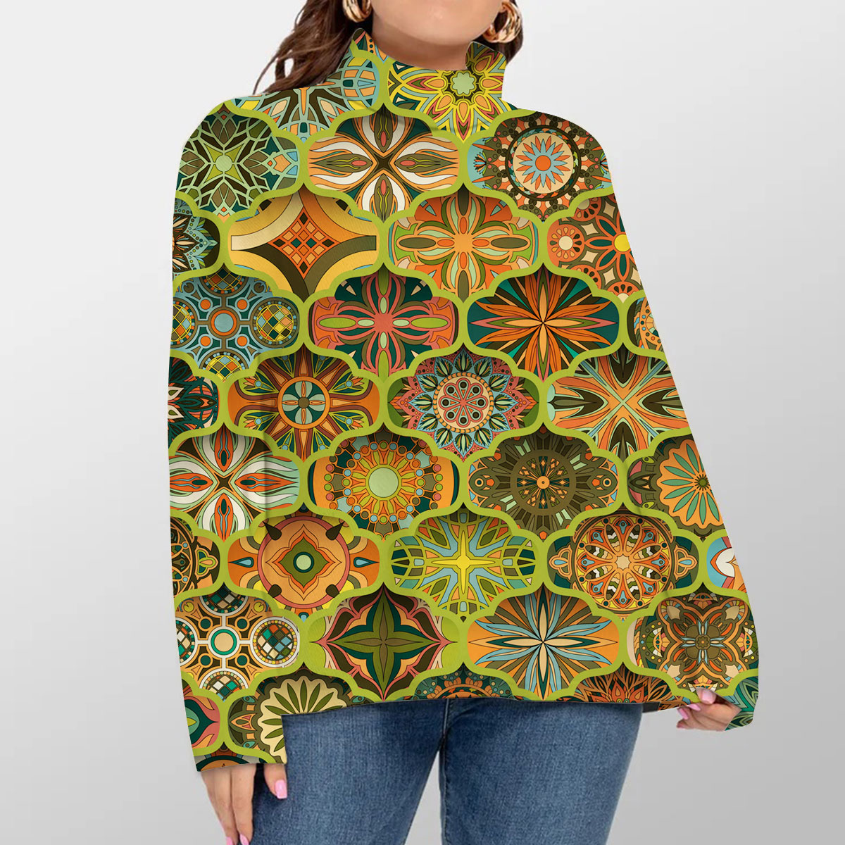 Retro Hippie Floral Turtleneck Sweater