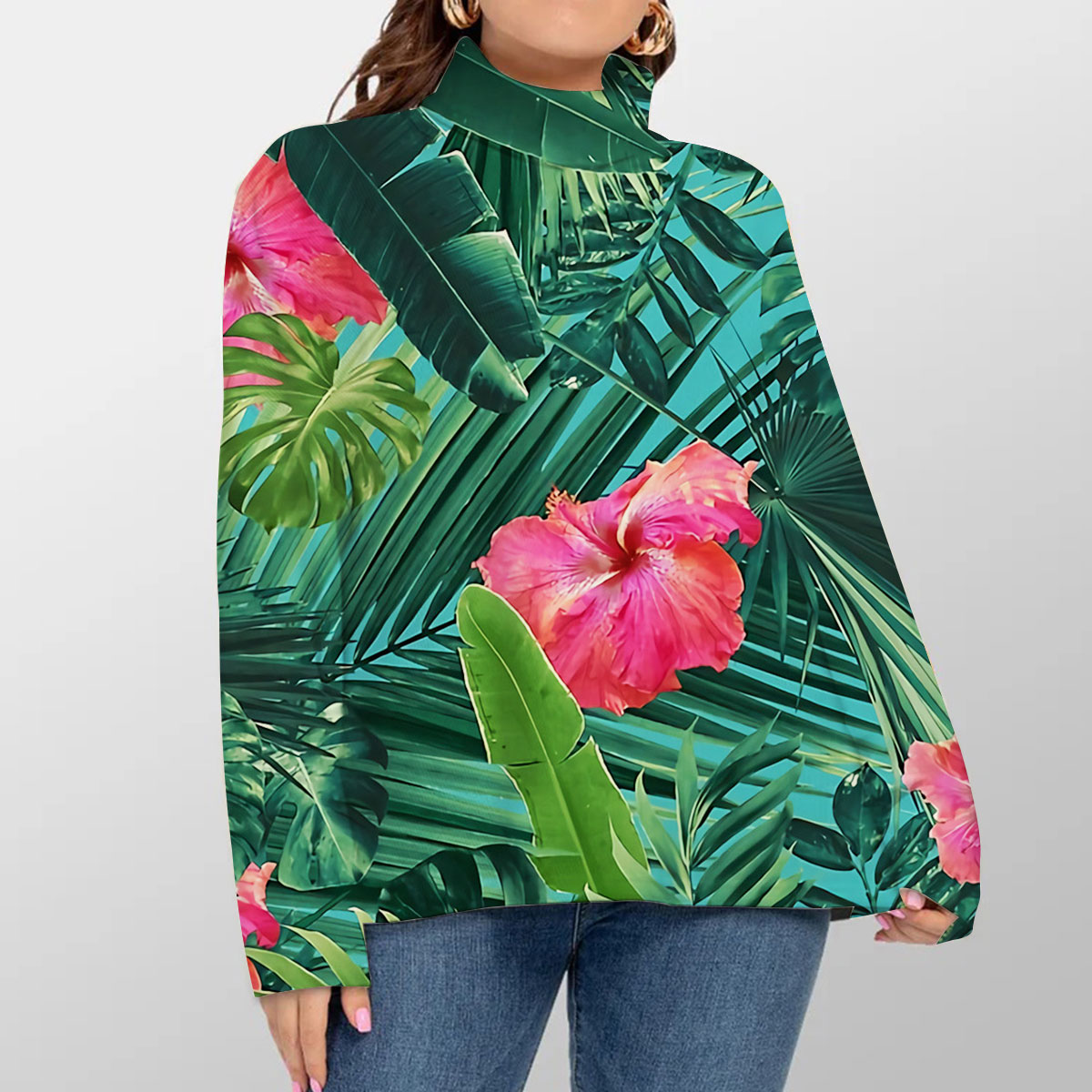 Tropical Hibiscus Turtleneck Sweater