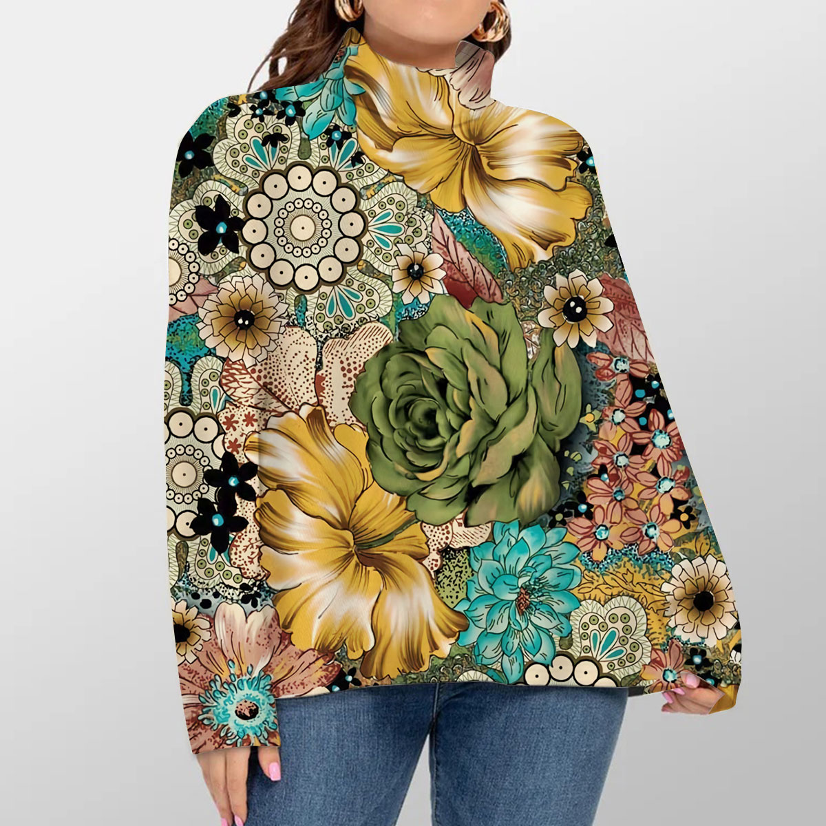 Vintage Peony Sunflower Turtleneck Sweater