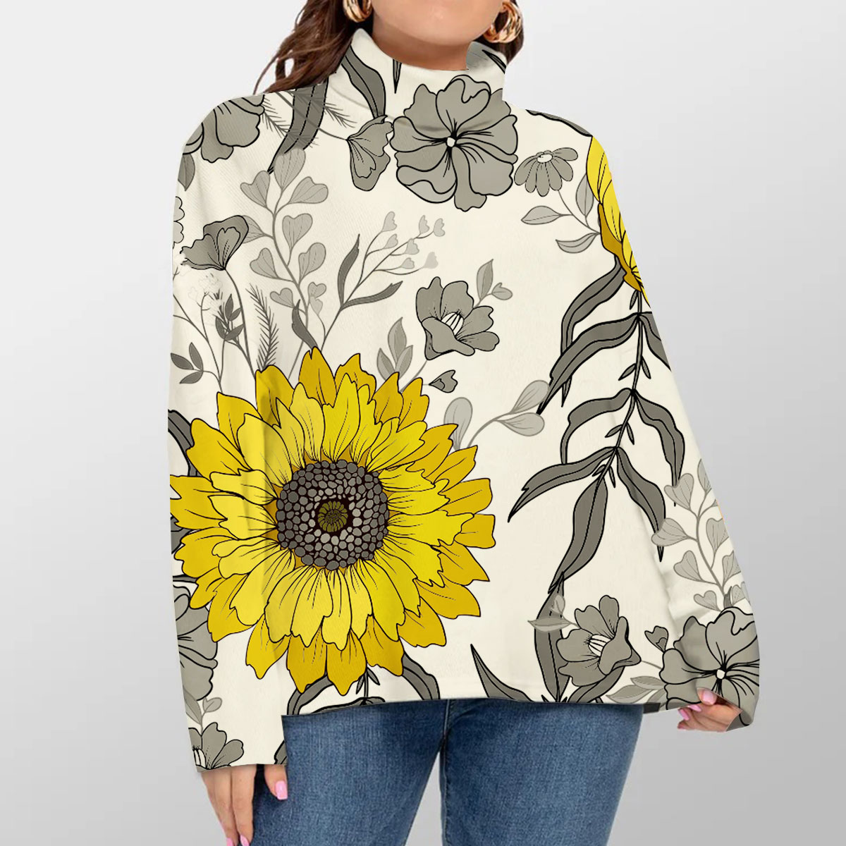 Vintage White Sunflower Turtleneck Sweater