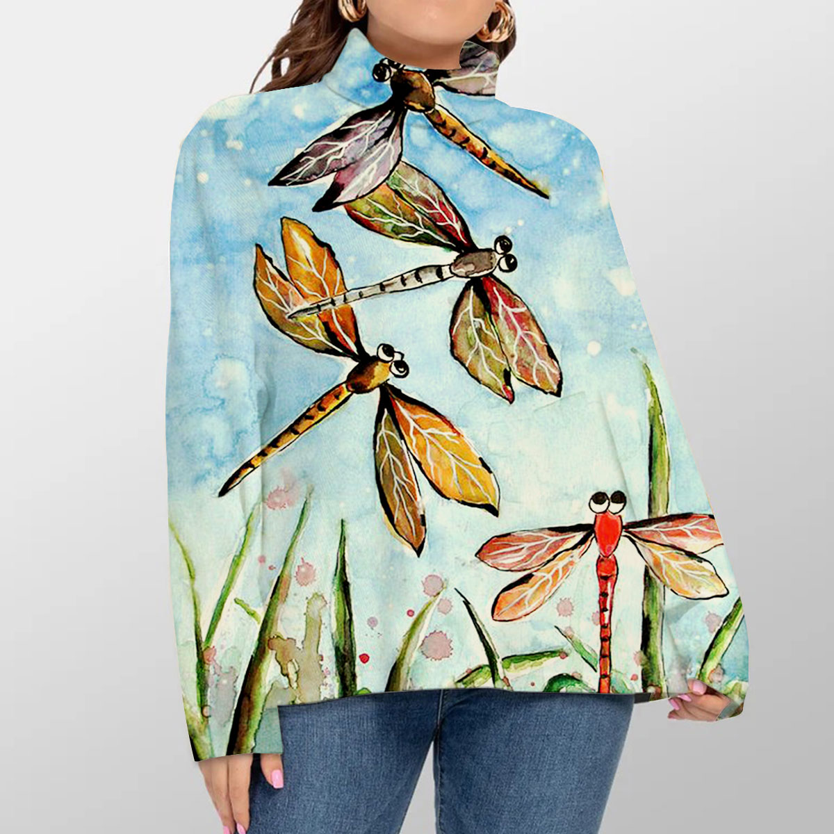 Water Color Dragonfly Turtleneck Sweater