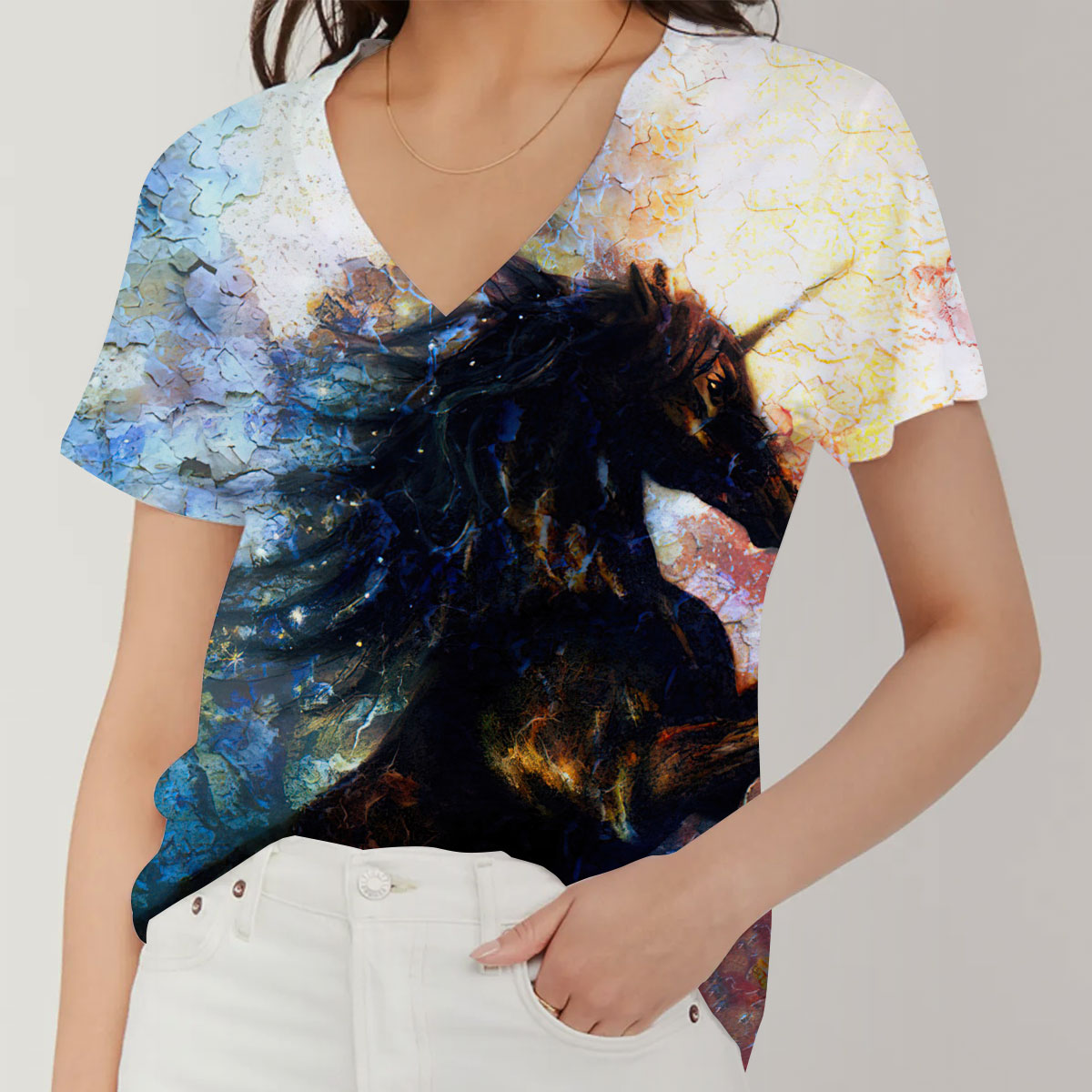 Multi Coloured Unicorn V-Neck Women's T-Shirt