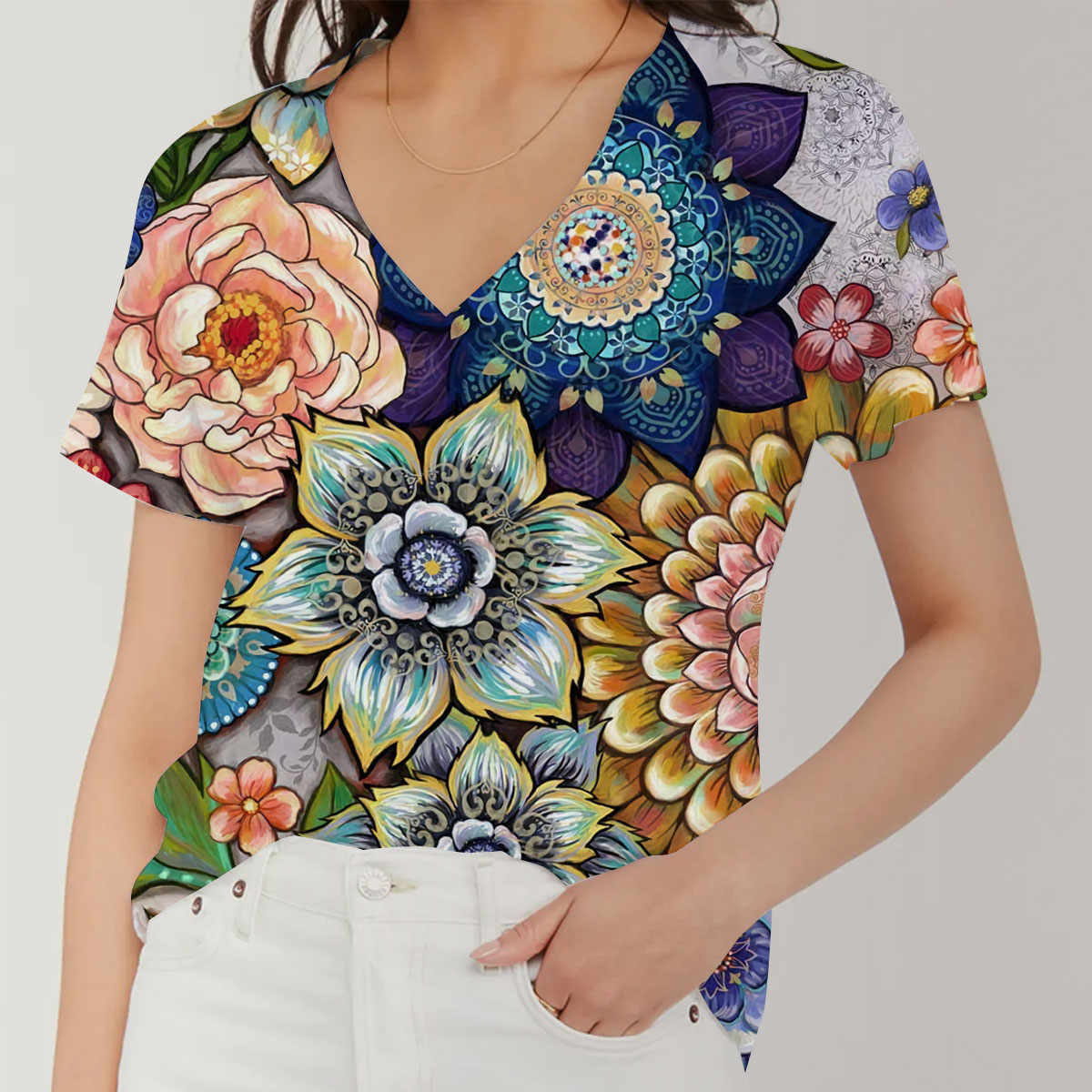 Multicolor Blossom V-Neck Women's T-Shirt