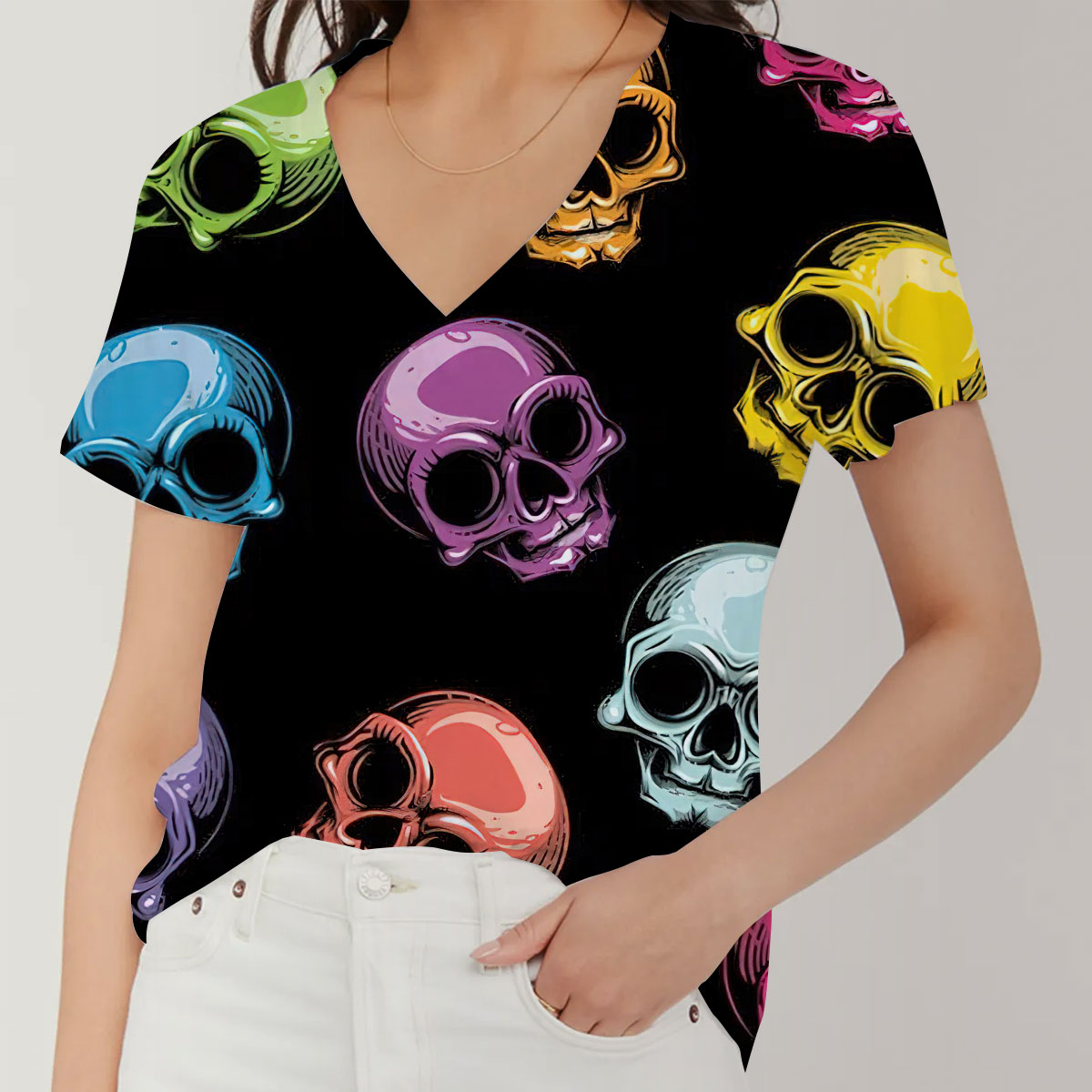 Multicolor Classic Skull V-Neck Women's T-Shirt