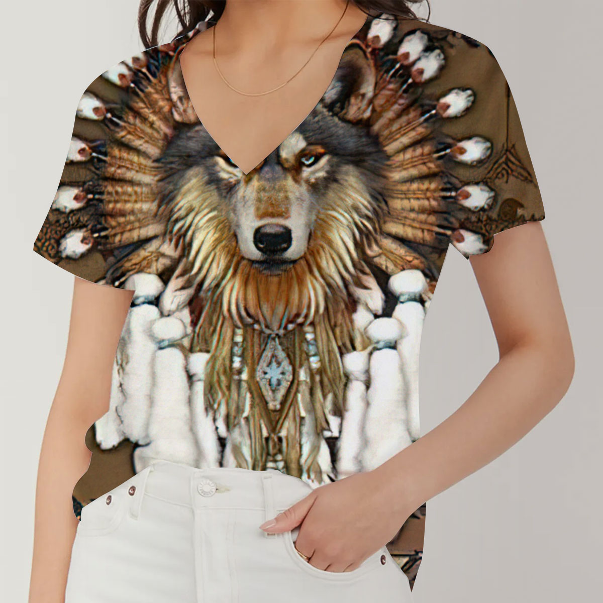Native American Wolf V-Neck Women's T-Shirt