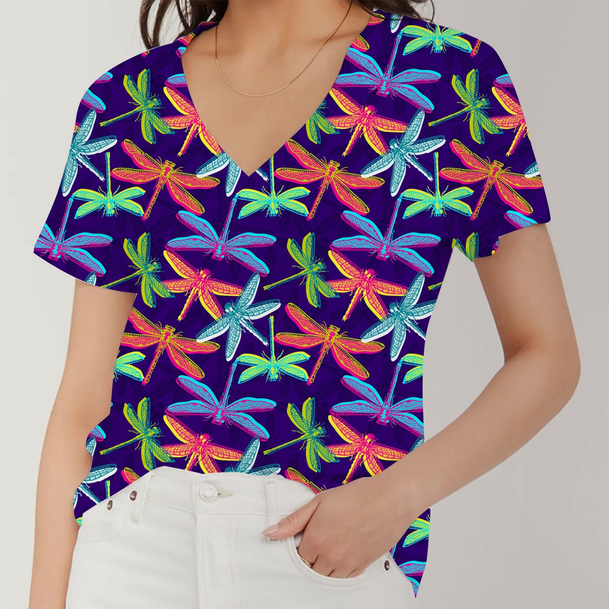 Neon Color Dragonfly V-Neck Women's T-Shirt
