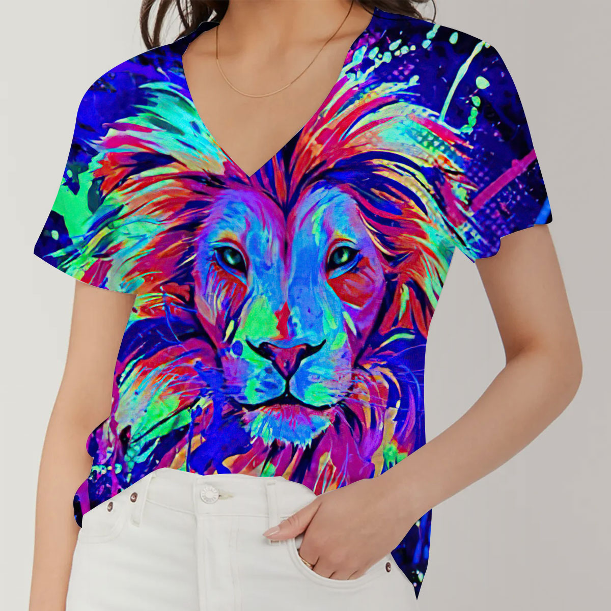 Neon Lion V-Neck Women's T-Shirt