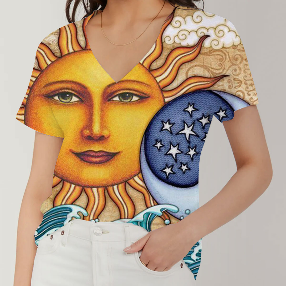 Ocean Sun And Moon V-Neck Women's T-Shirt