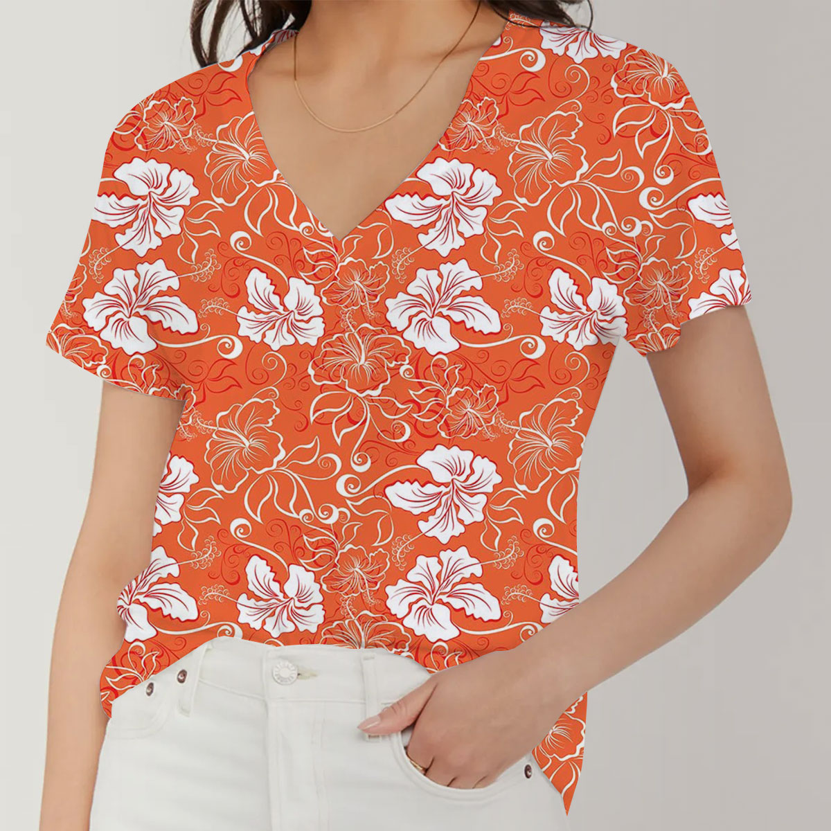 Orange Abstract Hibiscus V-Neck Women's T-Shirt