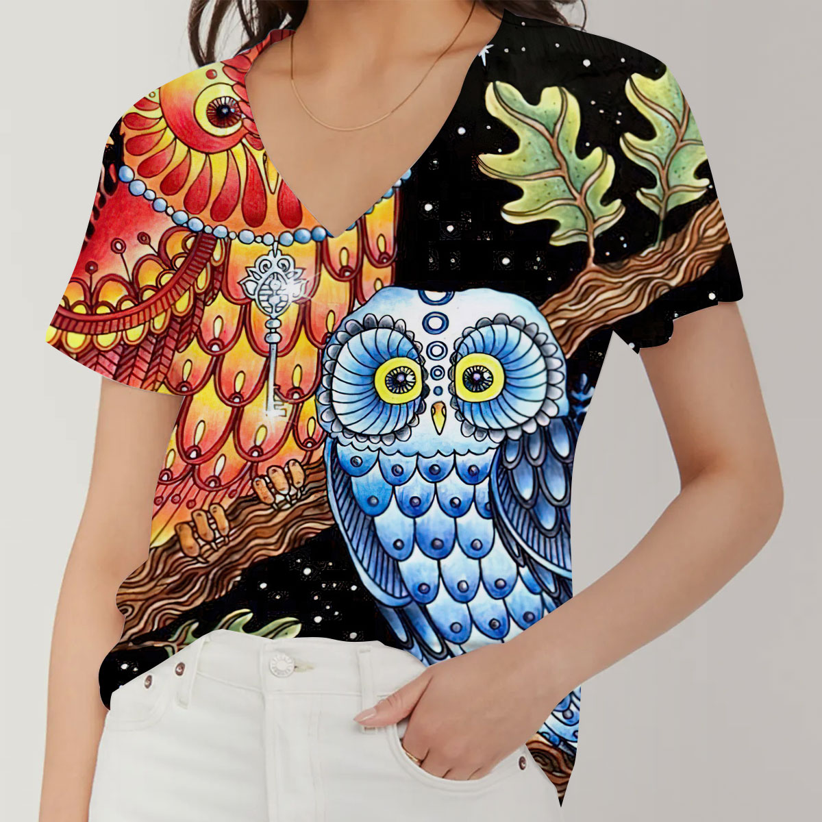 Orange Blue Owl V-Neck Women's T-Shirt