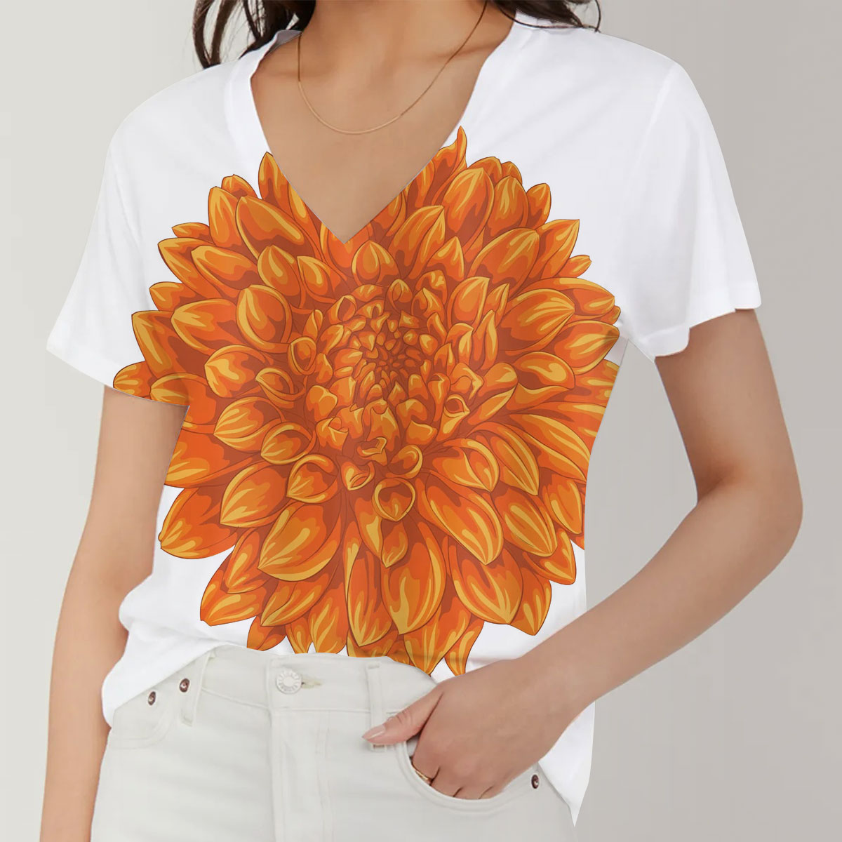 Orange Dahlia V-Neck Women's T-Shirt