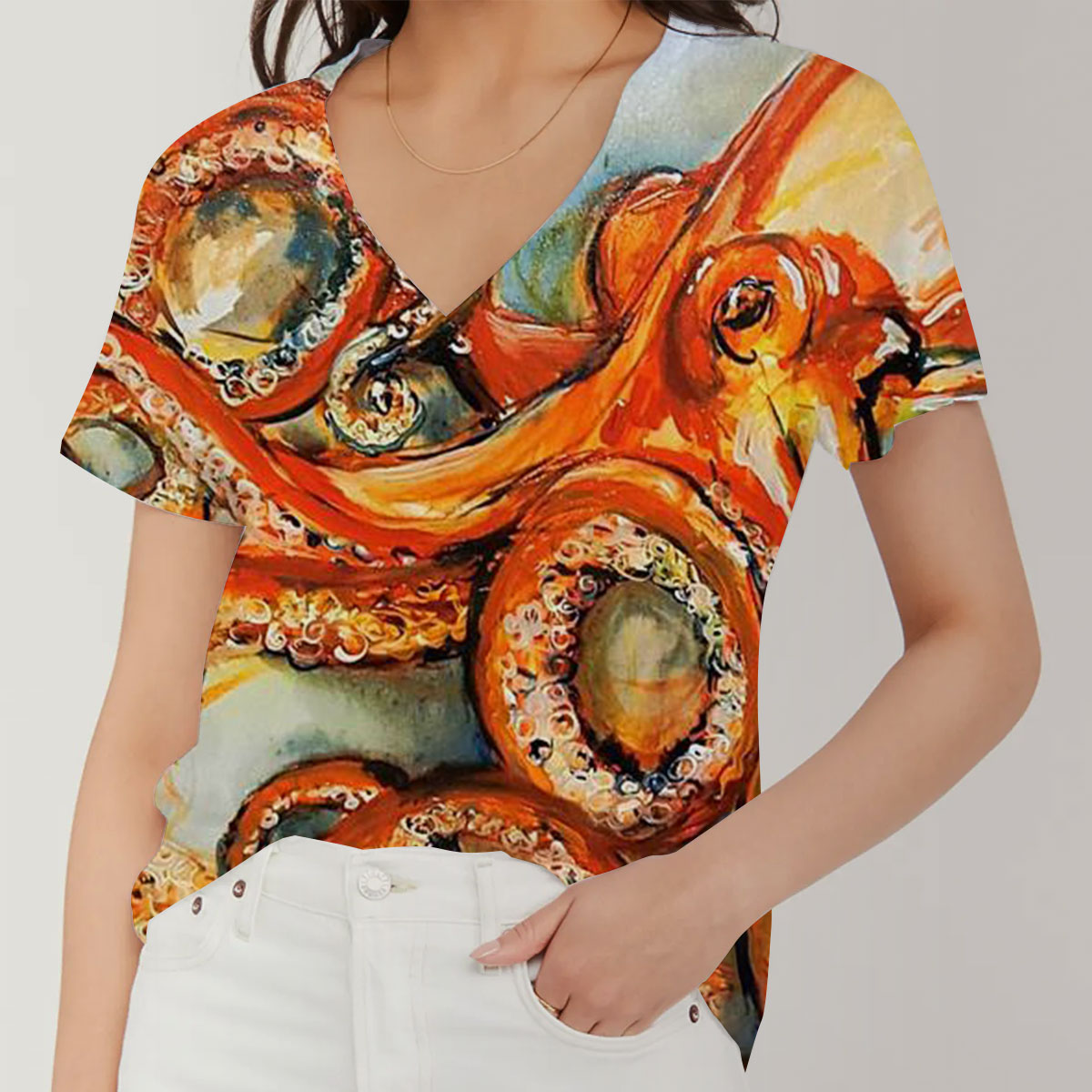 Orange Octopus V-Neck Women's T-Shirt
