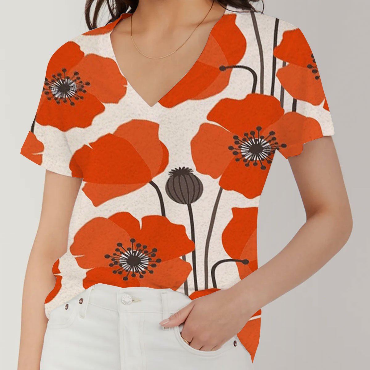 Orange Poppy V-Neck Women's T-Shirt