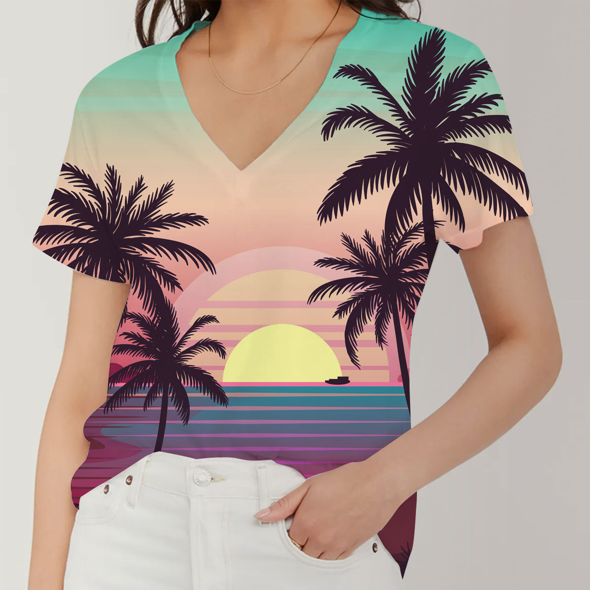 Palm Tree Sunrise V-Neck Women's T-Shirt