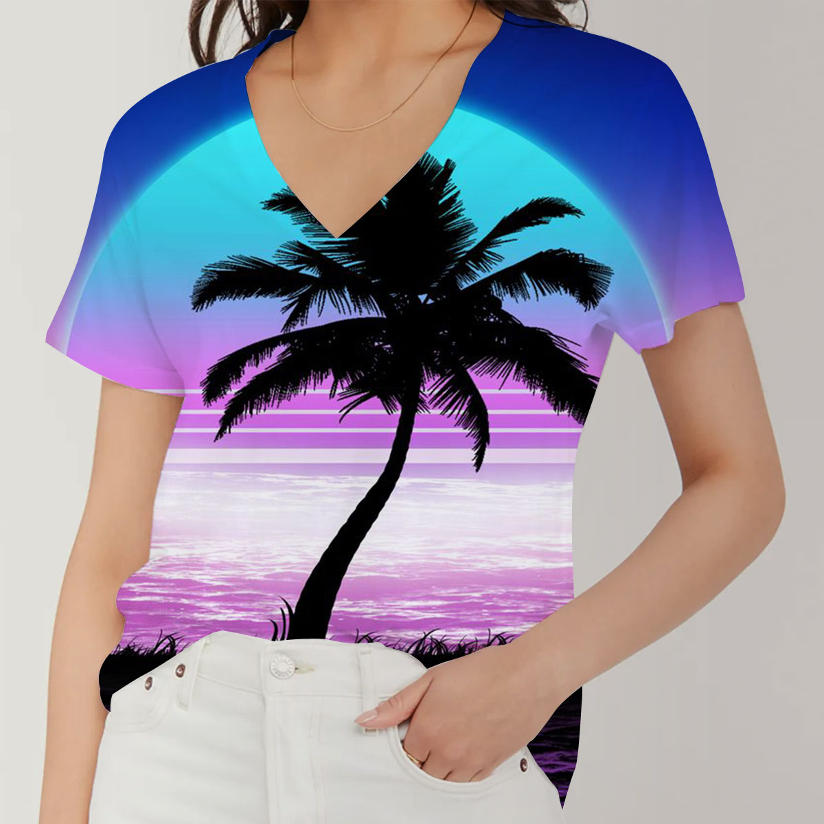 Palm Tree Sunset V-Neck Women's T-Shirt