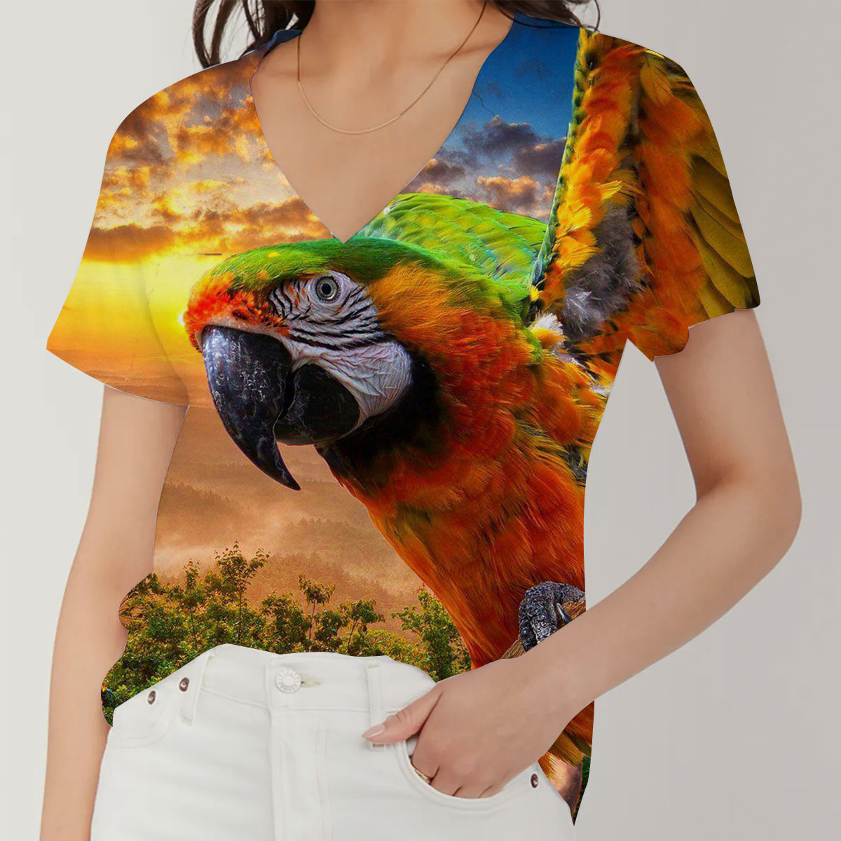 Parrot Under The Sunset V-Neck Women's T-Shirt