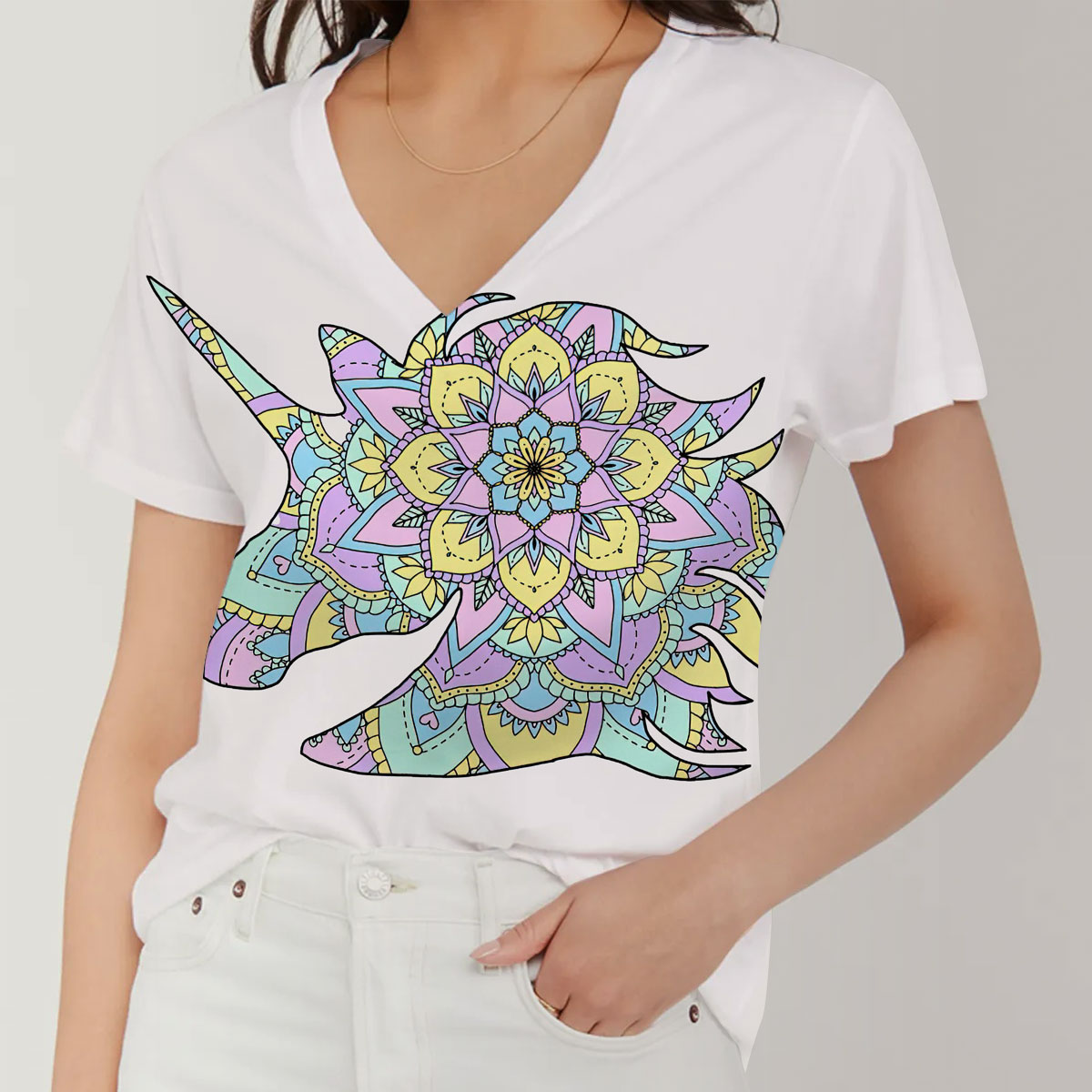 Pastel Colored Mandala V-Neck Women's T-Shirt