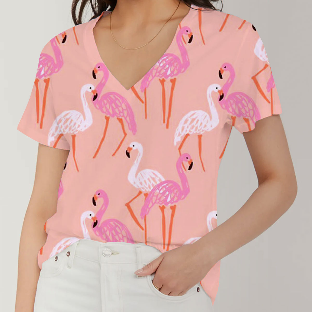 Pastel Flamingo V-Neck Women's T-Shirt