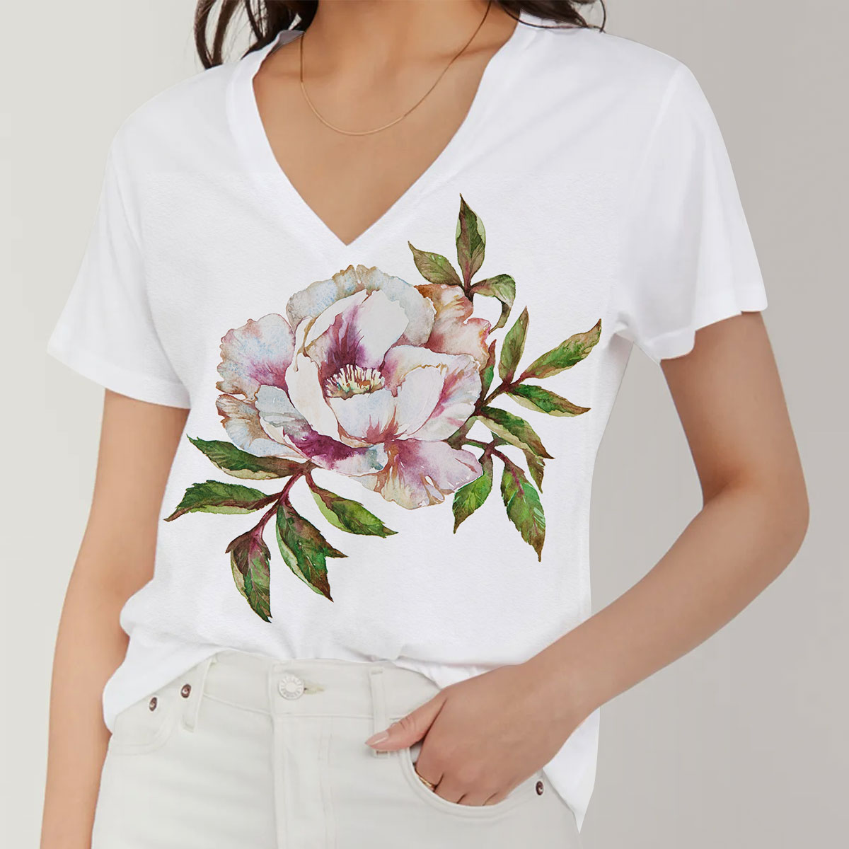 Peony Flower With Leaves V-Neck Women's T-Shirt