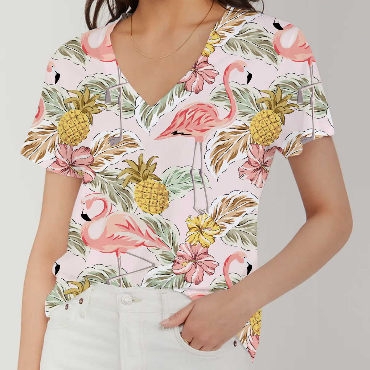 Pineapple Flamingo V-Neck Women's T-Shirt