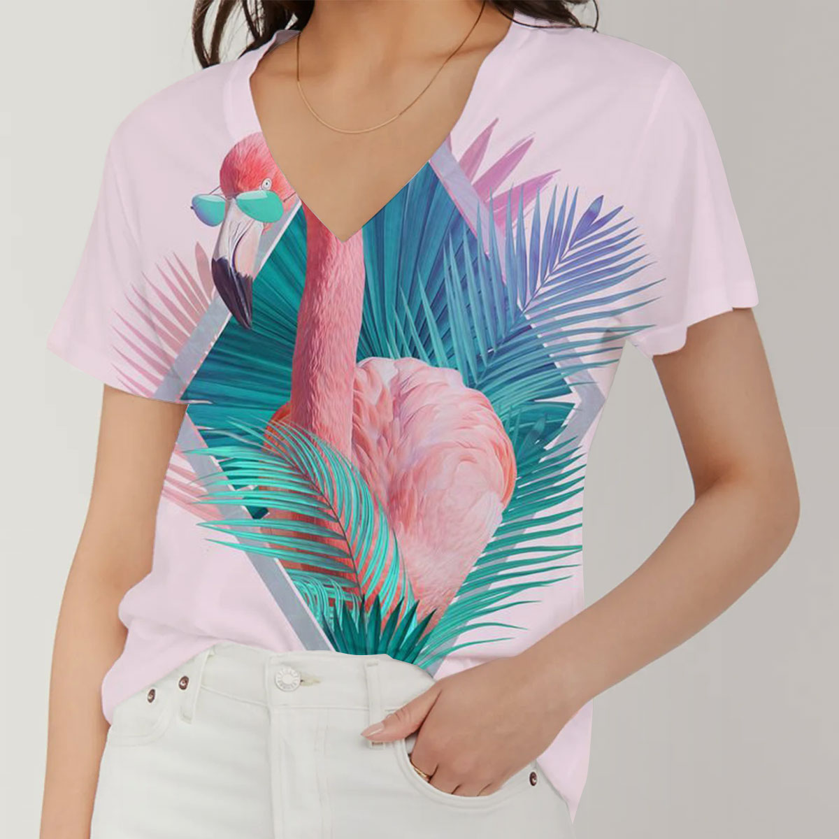 Pink Flamingo V-Neck Women's T-Shirt