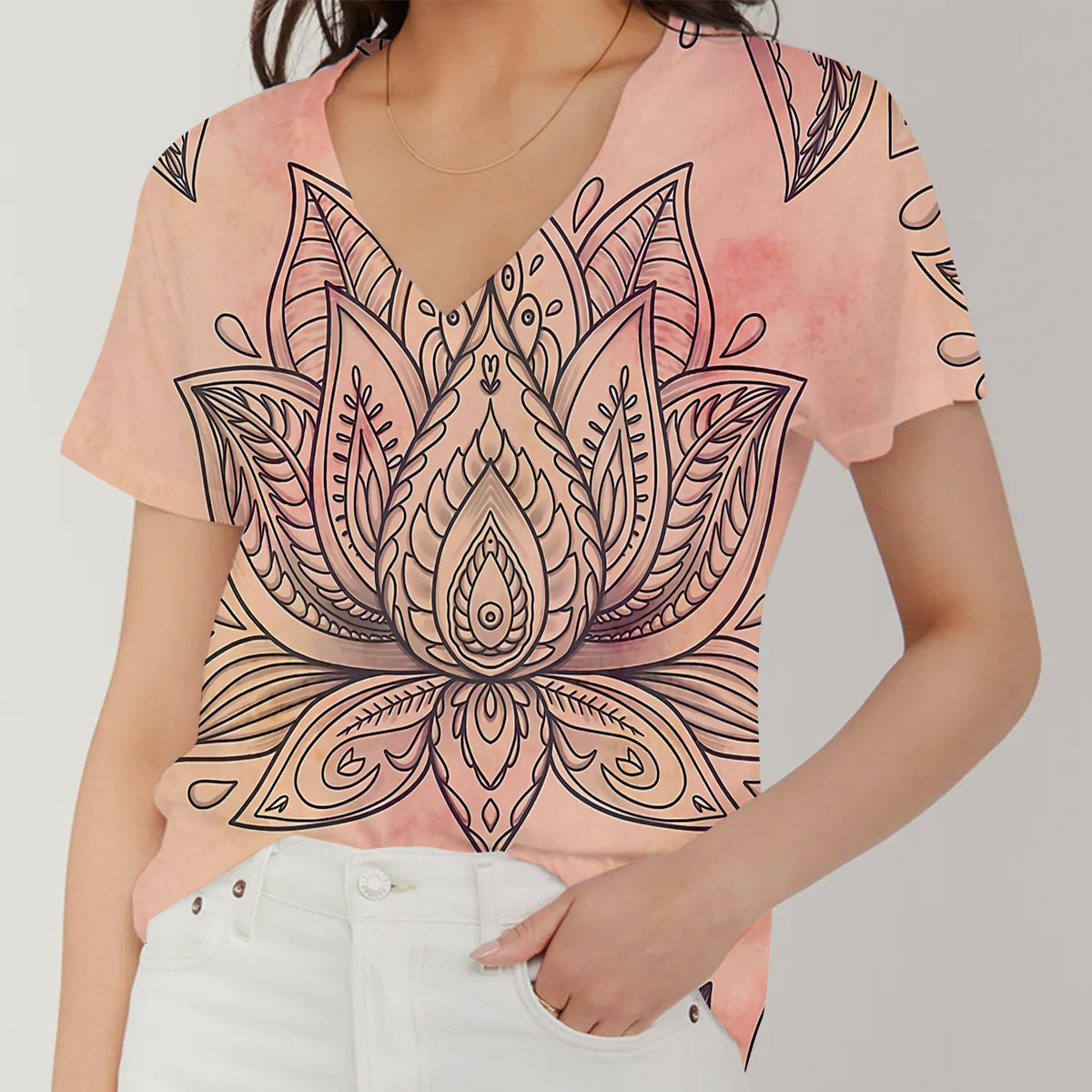 Pink Lotus V-Neck Women's T-Shirt