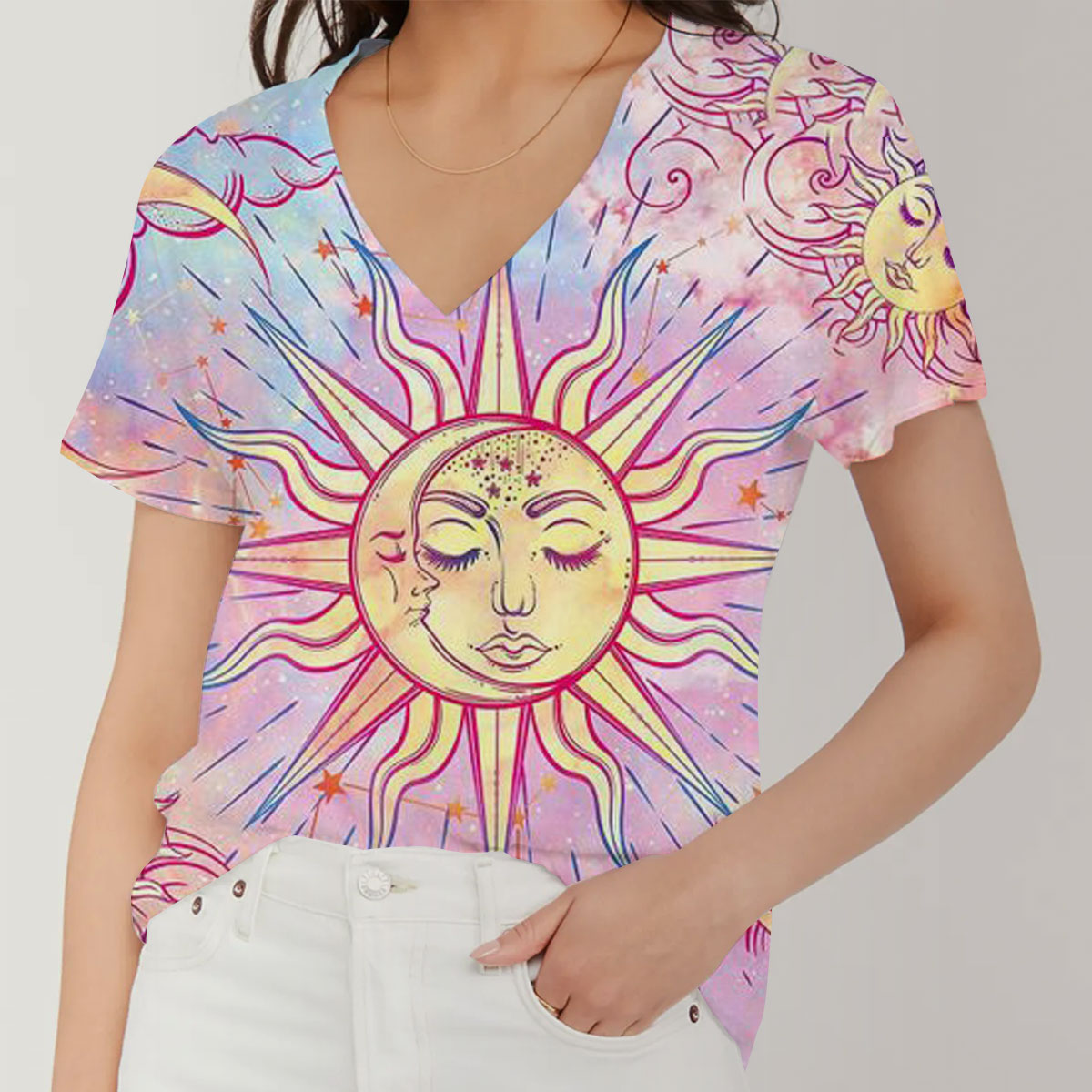 Pink Moon And Sun V-Neck Women's T-Shirt