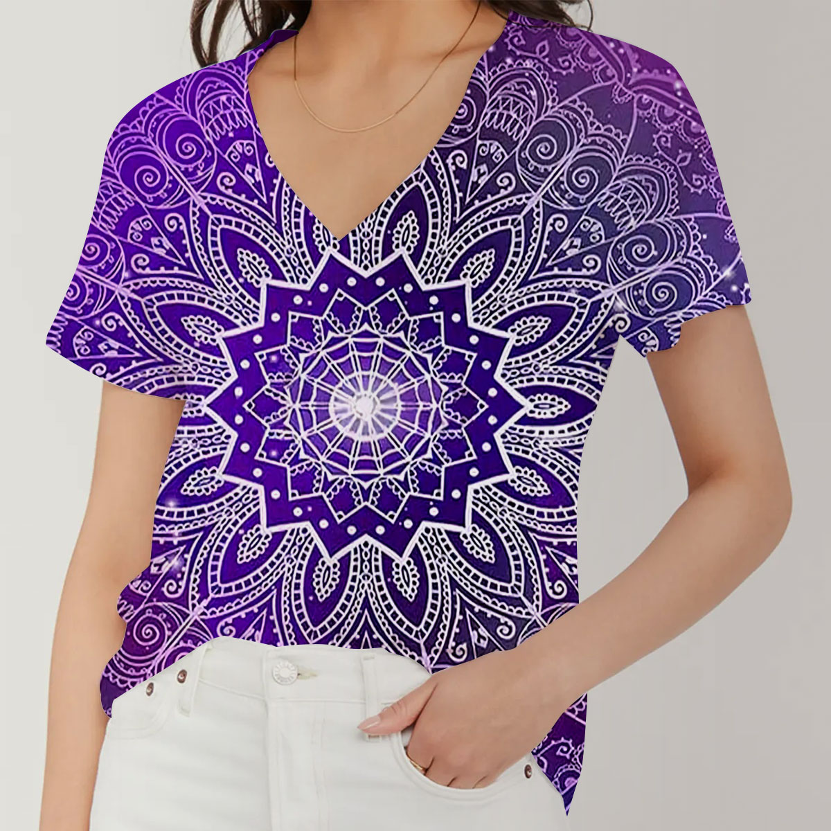 Purple Mandala Lotus V-Neck Women's T-Shirt