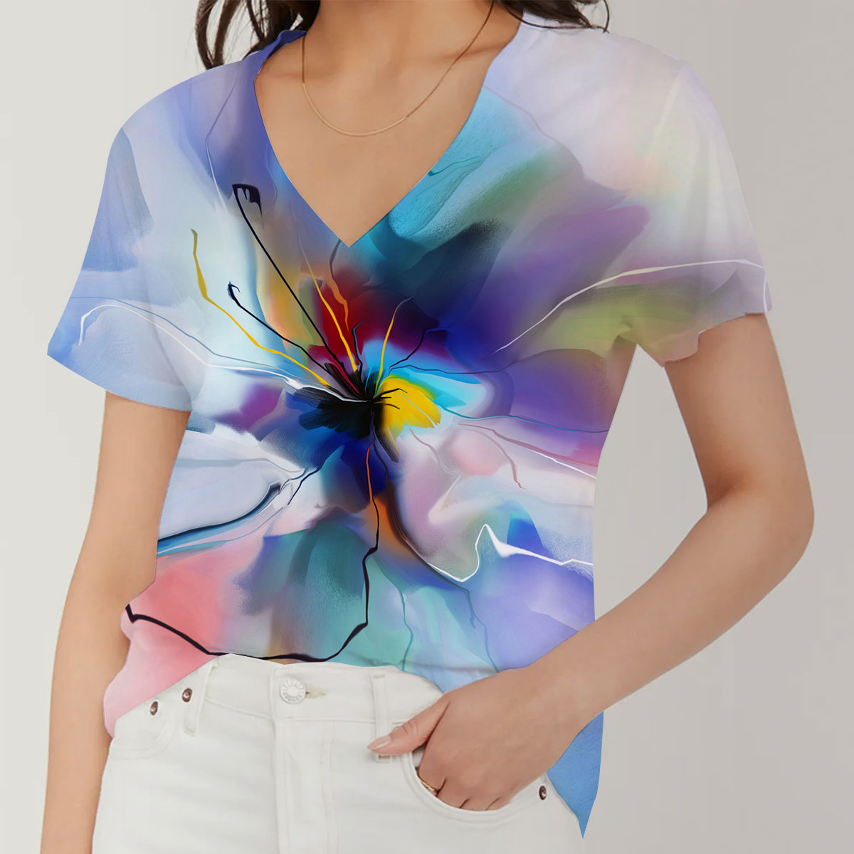 Rainbow Floral V-Neck Women's T-Shirt