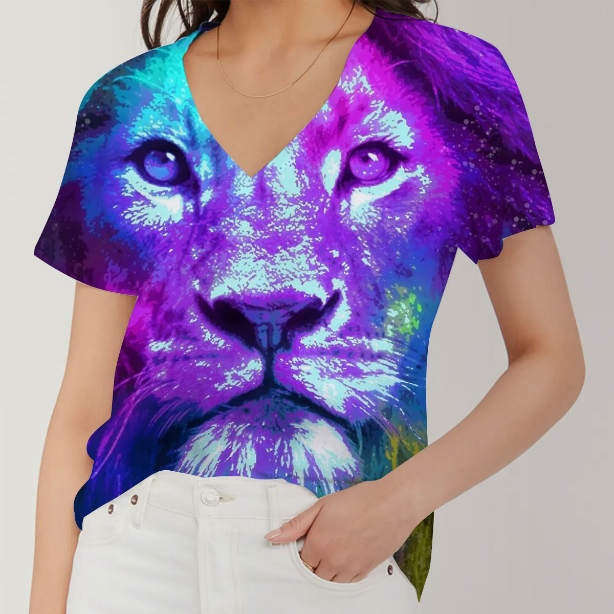 Rainbow Lion V-Neck Women's T-Shirt