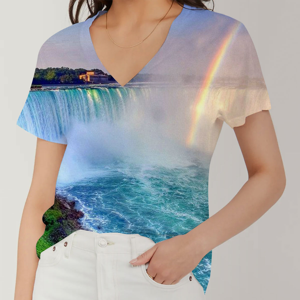 Rainbow Over Niagra Falls V-Neck Women's T-Shirt