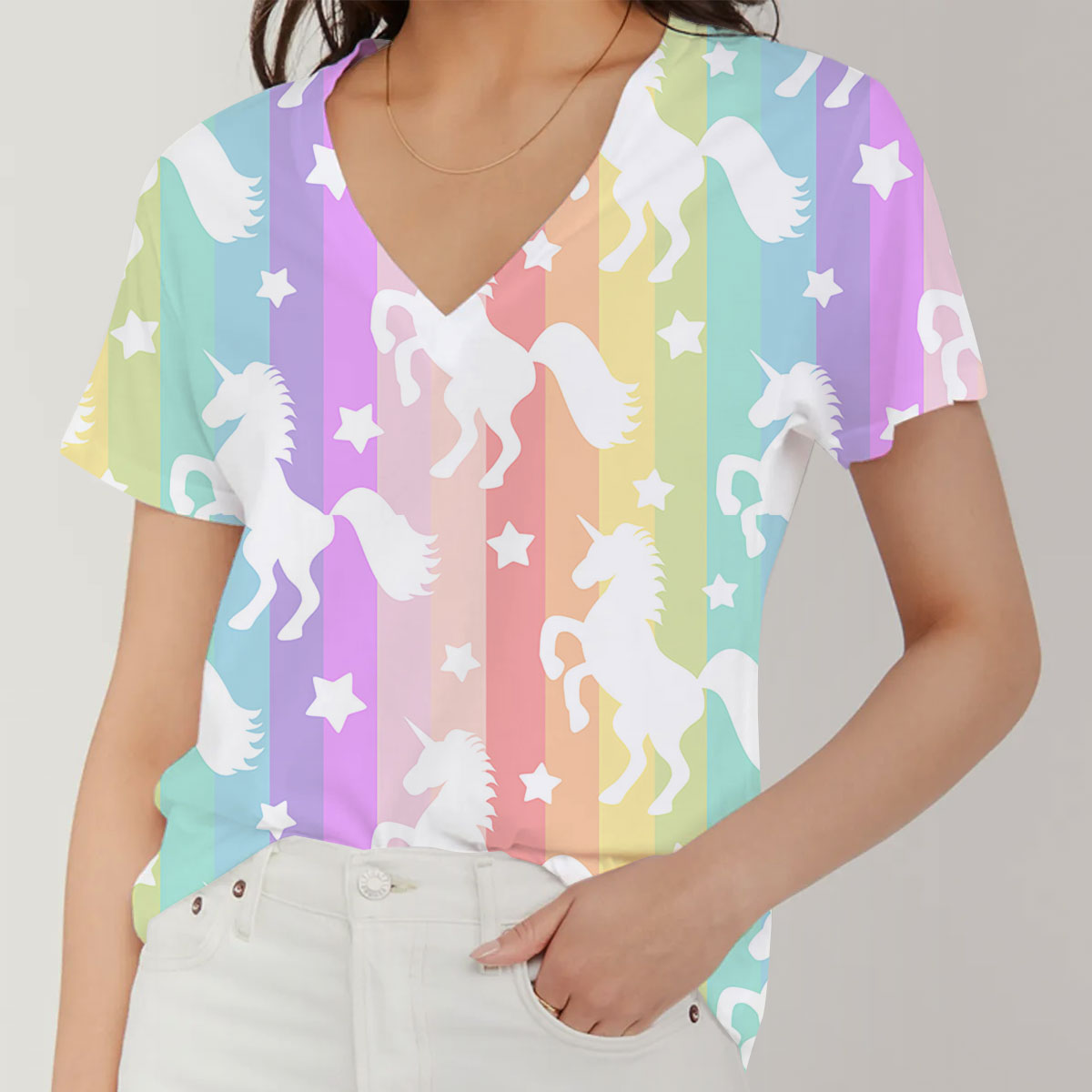 Rainbow Pink Unicorn V-Neck Women's T-Shirt