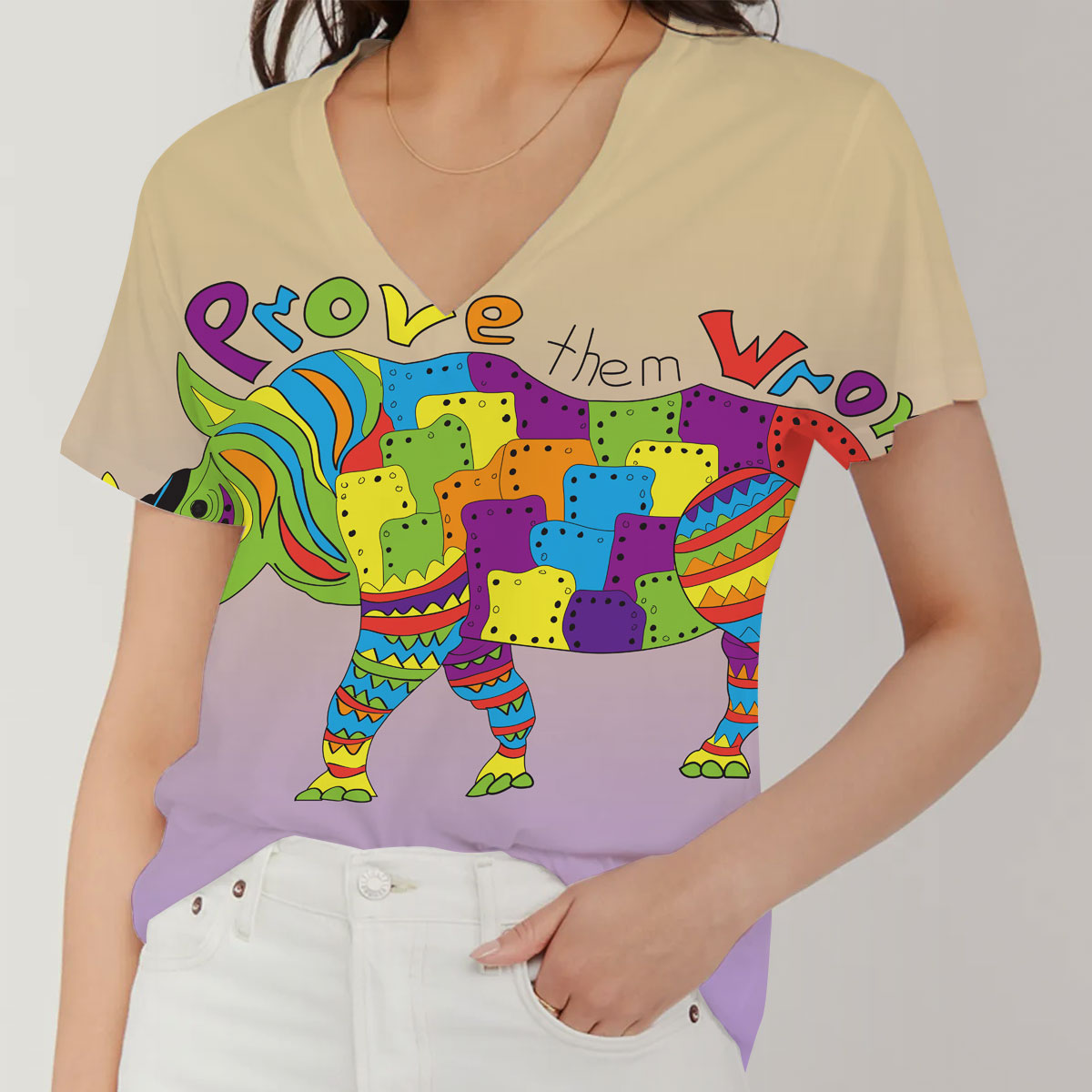 Rainbow Rhino V-Neck Women's T-Shirt