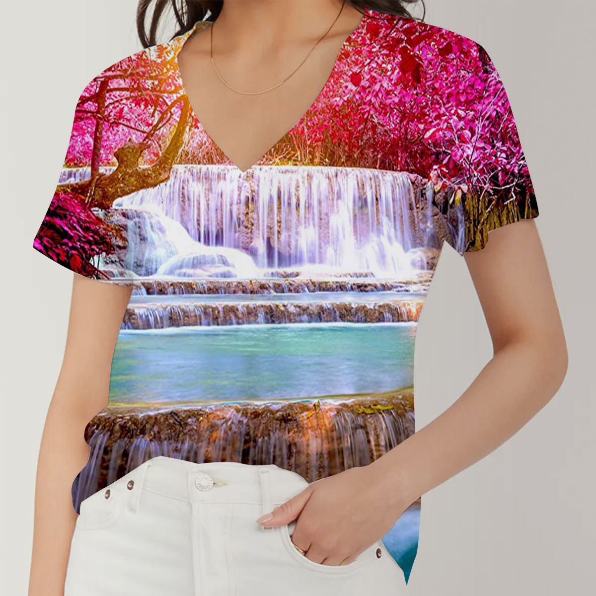 Rainbow Waterfall V-Neck Women's T-Shirt
