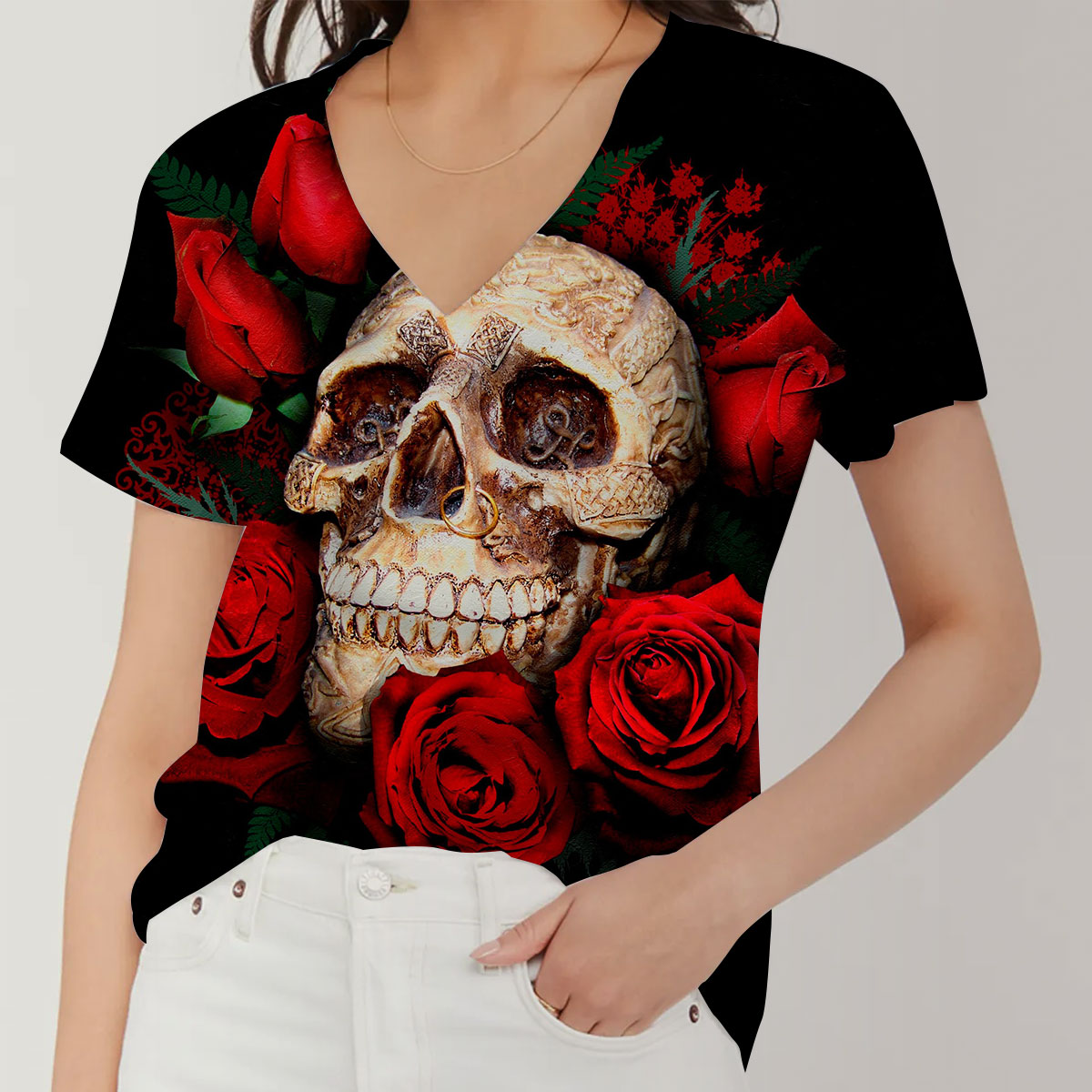 Red Flower Skull V-Neck Women's T-Shirt