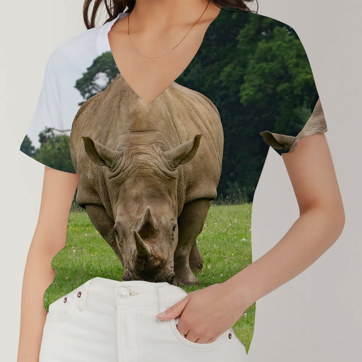 Rhino In The Wild V-Neck Women's T-Shirt