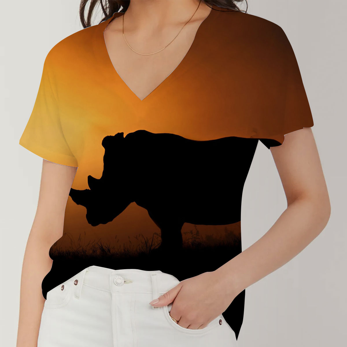 Rhino Under The Sunset V-Neck Women's T-Shirt