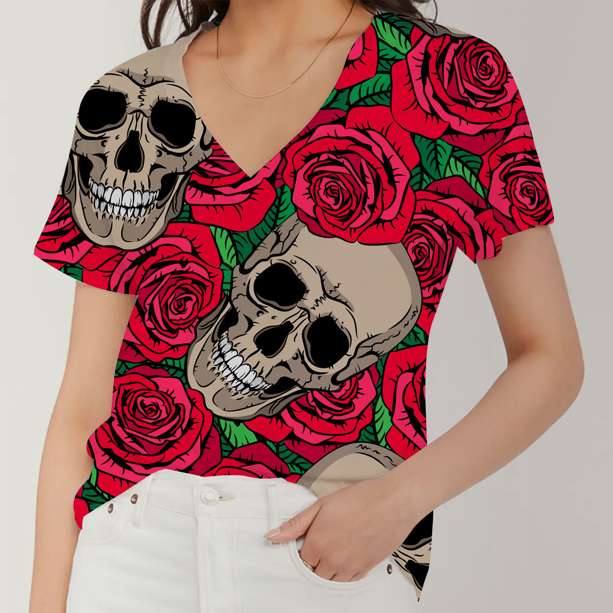 Skull Rose V-Neck Women's T-Shirt