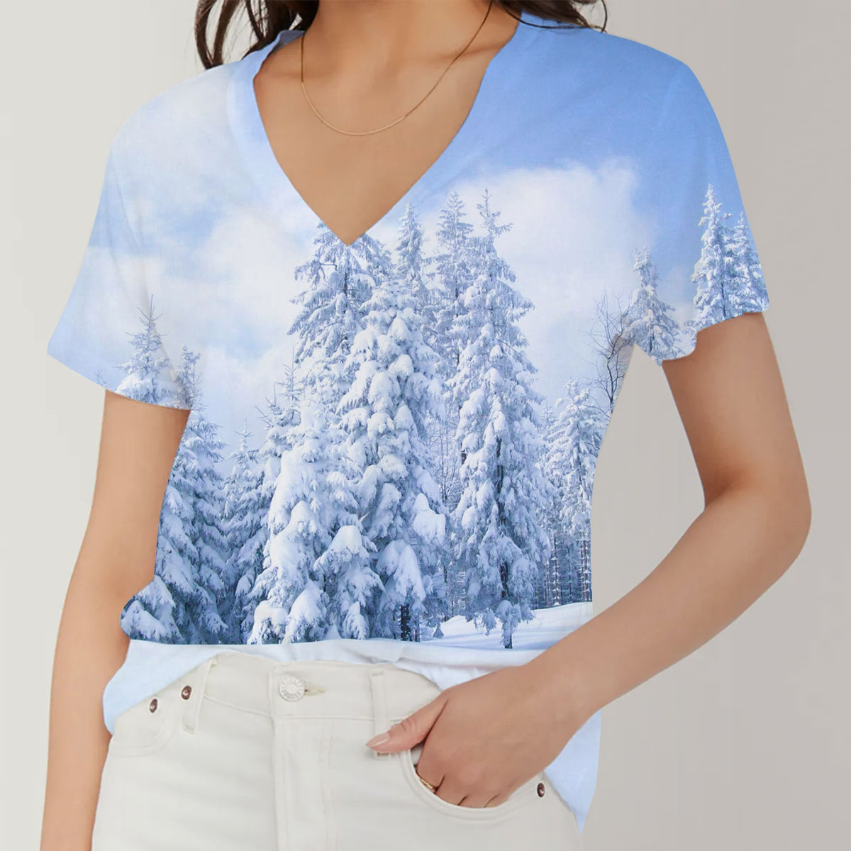 Snow Winter Forest V-Neck Women's T-Shirt