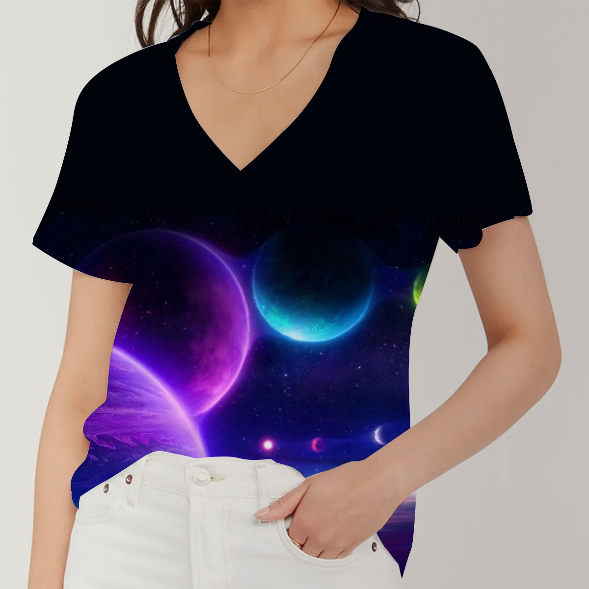 Space Planet V-Neck Women's T-Shirt