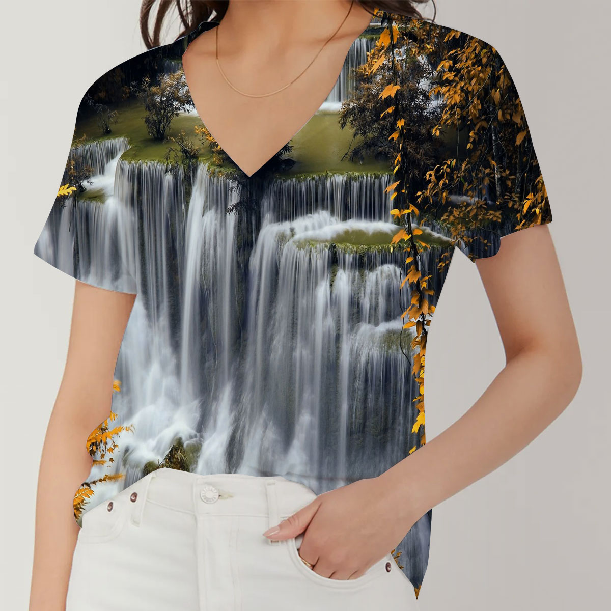 Stunning Autumn Waterfall V-Neck Women's T-Shirt