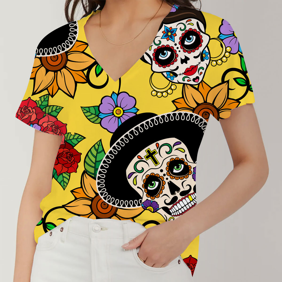 Sunflower Skull V-Neck Women's T-Shirt