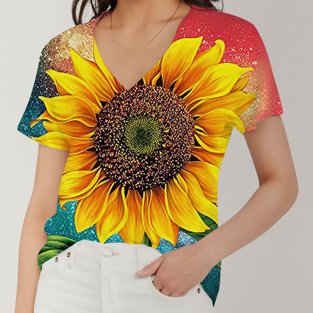 Trippy Galaxy Sunflower V-Neck Women's T-Shirt