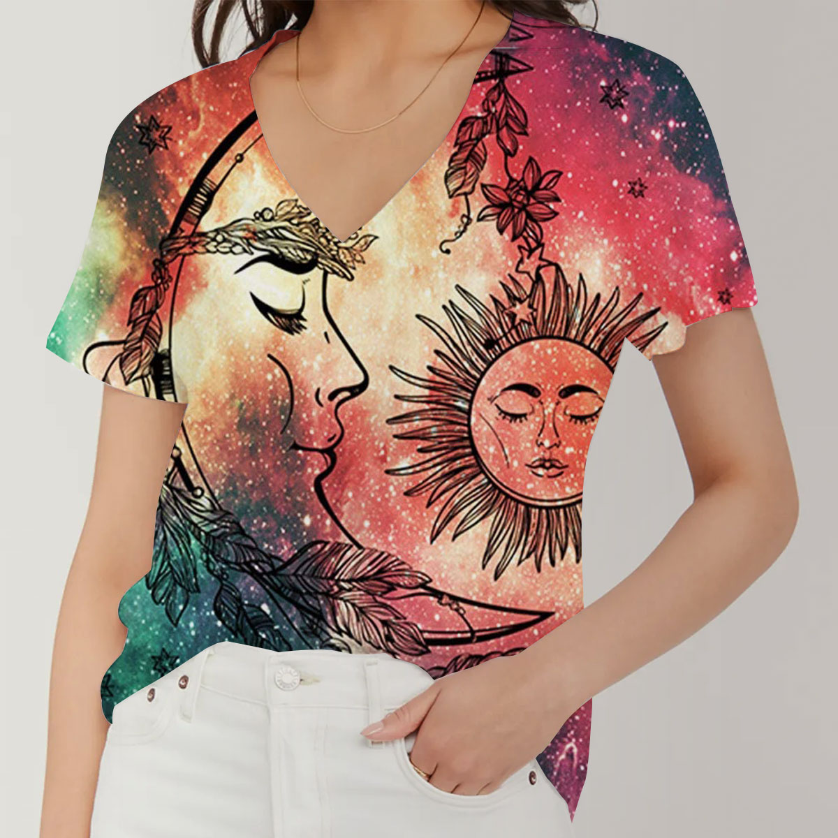 Trippy Mandala Sun And Moon V-Neck Women's T-Shirt