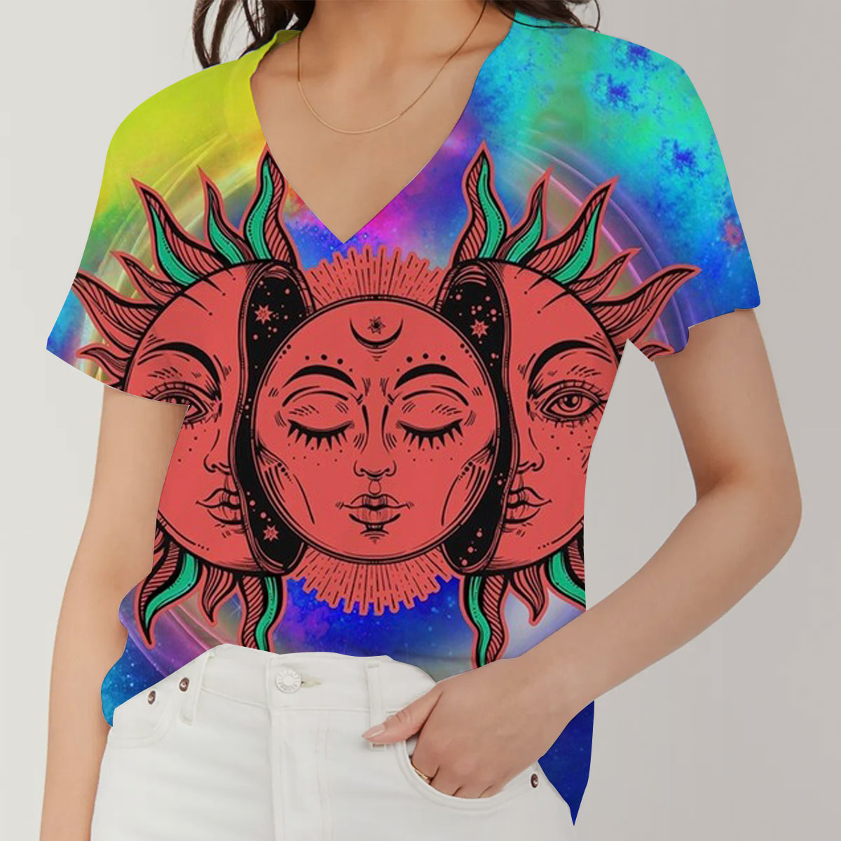 Trippy Sun and Moon Tapestry V-Neck Women's T-Shirt