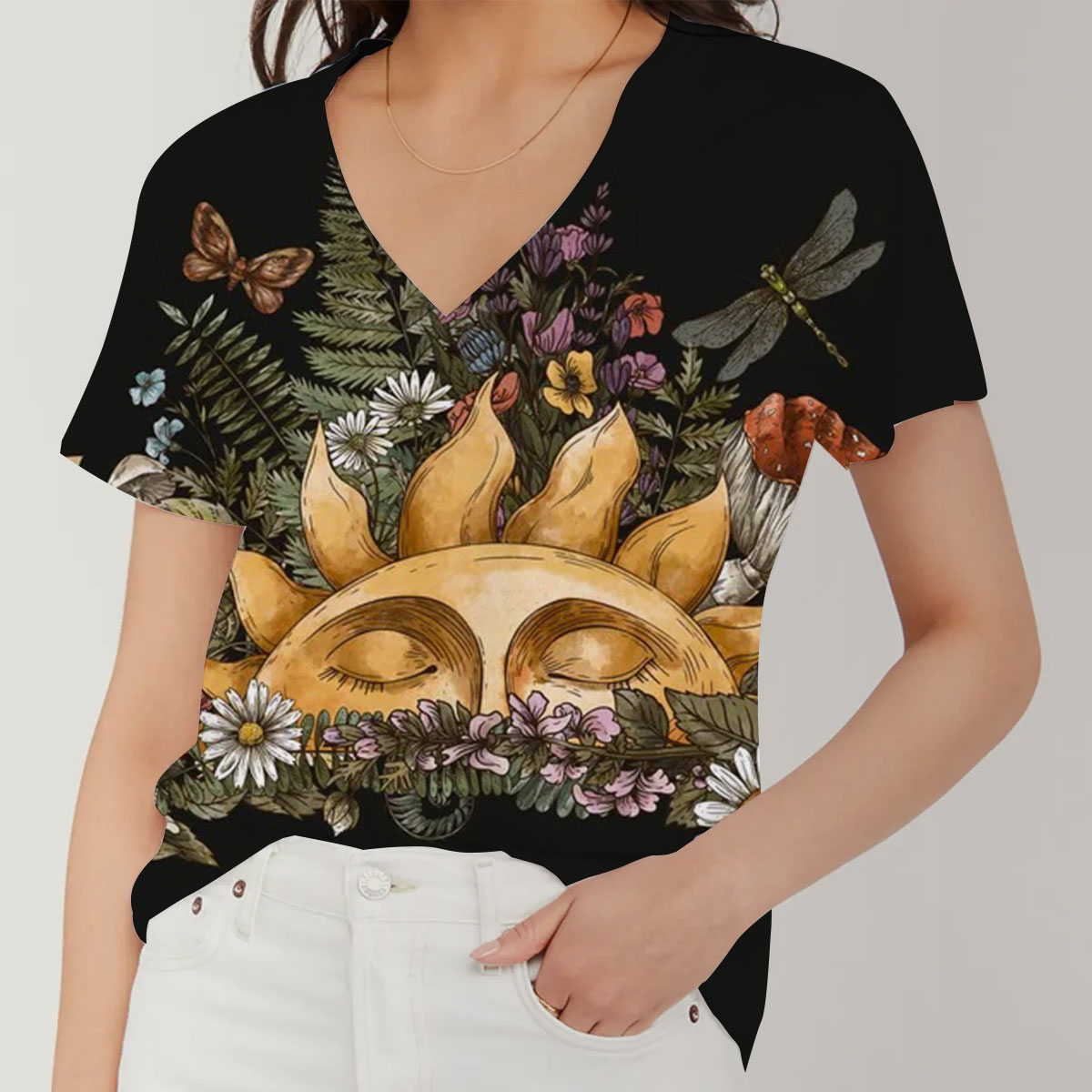 Trippy Vintage Hippie Mushroom V-Neck Women's T-Shirt