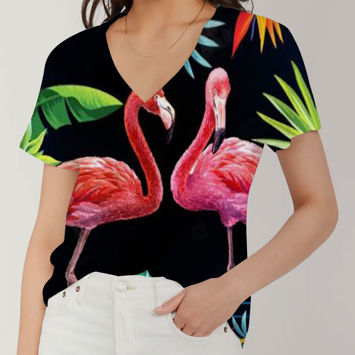 Tropical Flamingo Couple V-Neck Women's T-Shirt